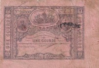 Haiti, 1 Gourde, 1827, POOR, p41
Serial Number: 24800
Estimate: 35-70