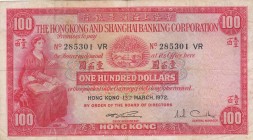 Hong Kong, 100 Dollars, 1972, VF, p183c
Serial Number: 285301
Estimate: 50-100