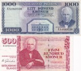 Iceland, 500-1.000 Kronur, 1961/2001, VF, p46; p58, (Total 2 banknotes)
1.000 Kronur has a tear on the upper part
Serial Number: D32959223, EA484953...