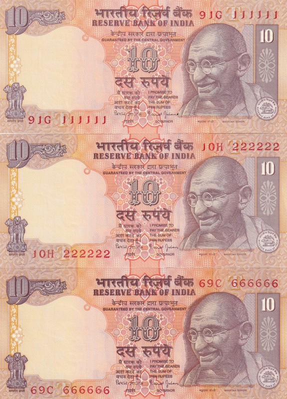 India, 10 Rupees, 1996, UNC, p137, 6 RADAR sets
(Total 3 banknotes)
Serial Num...