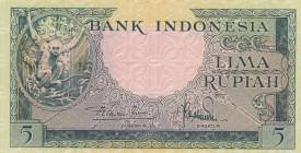 Indonesia, 5 :Rupiah, 1957, UNC, p49a
Serial Number: 5ABV39481
Estimate: 50-100