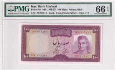 Iran, 100 Rials, 1971/1973, UNC, p91b
Shah Pahlavi Portrait
PMG 66 EPQ
Serial Number: 177/702871
Estimate: 45-90