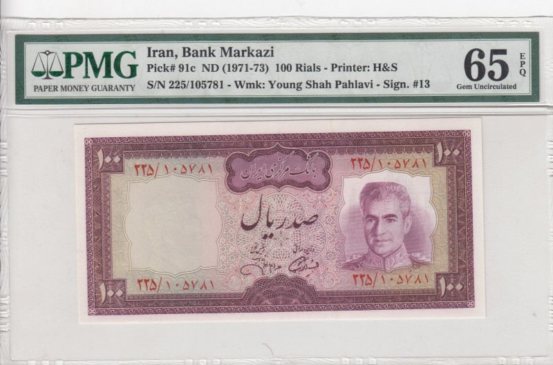 Iran, 100 Rials, 1971/1973, UNC, p91c
PMG 65 EPQ
Serial Number: 225/105781
Es...