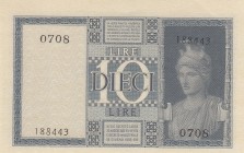 Italy, 10 Lire, 1944, AUNC, p25c
Serial Number: 0708 188443
Estimate: 20-40
