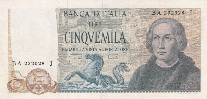 Italy, 5.000 Lire, 1973, XF(+), p102
Serial Number: BA 232028 J
Estimate: 50-1...