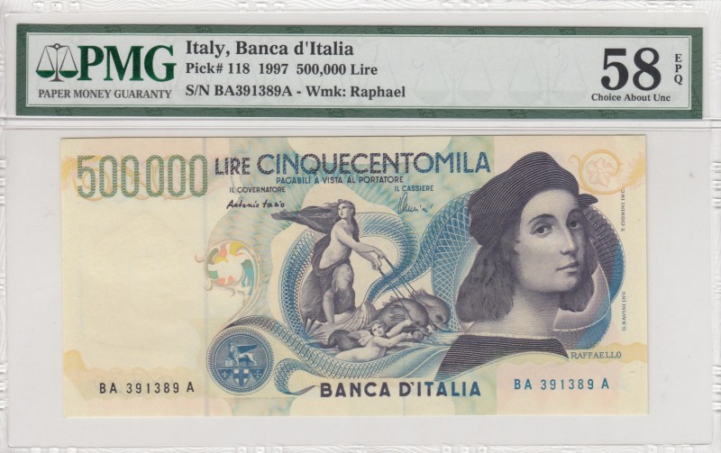 Italy, 500.000 Lire, 1997, AUNC(+), p118
PMG 58 EPQ
Serial Number: BA 391389A...