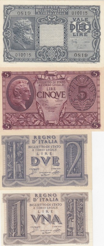 Italy, 1-2-5-10 Lire, (Total 4 banknotes)
1 Lira, 1939, AUNC(-), p26; 2 Lire, 1...