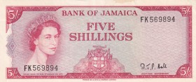 Jamaica, 5 Shillings, 1964, AUNC, p51Ac
Queen Elizabeth II. Potrait
Serial Number: FK 569894
Estimate: 90-180