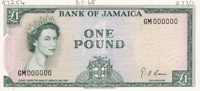 Jamaica, 1 Pound, 1964, UNC, p51Ces, SPECIMEN
Queen Elizabeth II. Potrait
Seri...