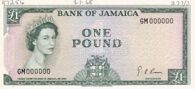 Jamaica, 1 Pound, 1964, UNC, p51Ces, SPECIMEN
Queen Elizabeth II. Potrait
Serial Number: GM 000000
Estimate: 600-1200