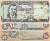 Jamaica, 2-5-100 Dollars, 1990/1991/1991, p69d; p70d; p84e, (Total 3 banknotes)
AUNC(-); UNC; UNC
Serial Number: GA950119; CE501368; ARD923983
Esti...