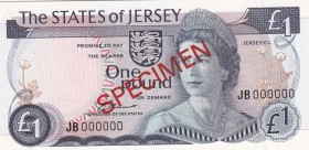 Jersey, 1 Pound, 1976, UNC, p11s, SPECIMEN
Queen Elizabeth II. Potrait
Serial Number: JB 000000
Estimate: 35-70