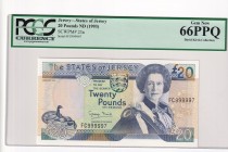 Jersey, 20 Pounds, 1993, UNC, p23a, Very high serial number
PCGS 66 PPQ
Queen Elizabeth II. Potrait
Serial Number: FC 999997
Estimate: 225-450