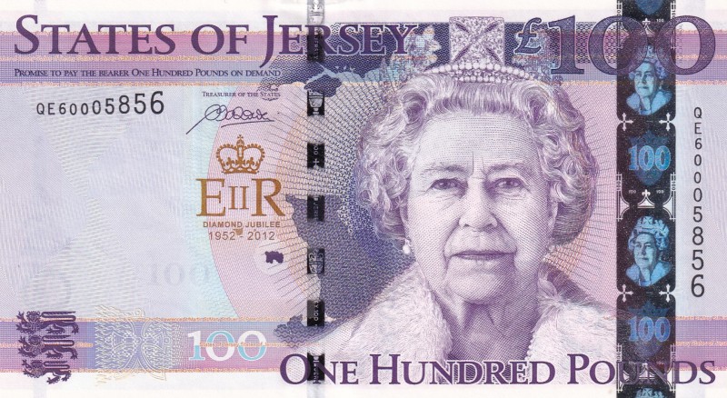 Jersey, 100 Pounds, 2012, UNC, p37a
Queen Elizabeth II. Potrait
Serial Number:...