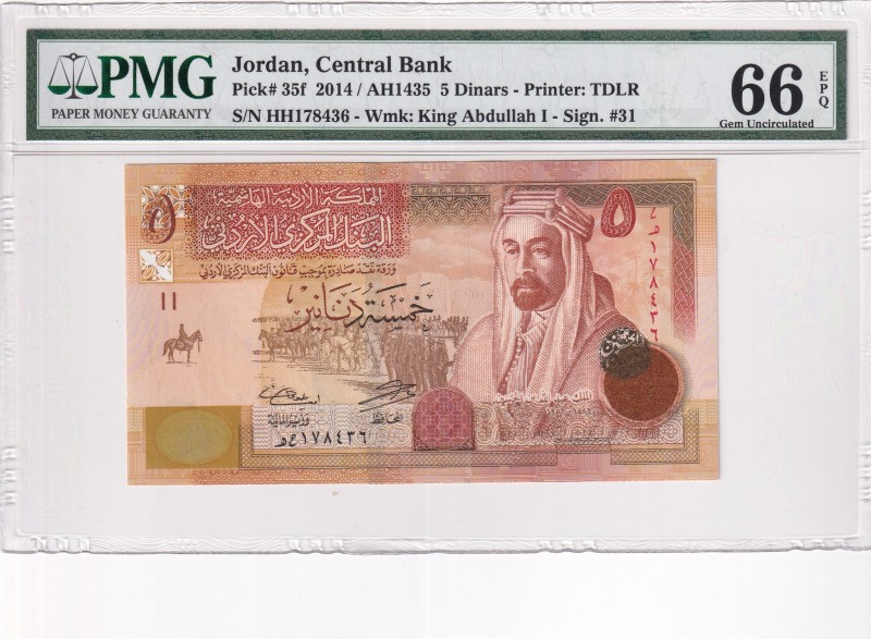 Jordan, 5 Dinars, 2014, UNC, p35f
PMG 66 EPQ
Serial Number: HH178436
Estimate...