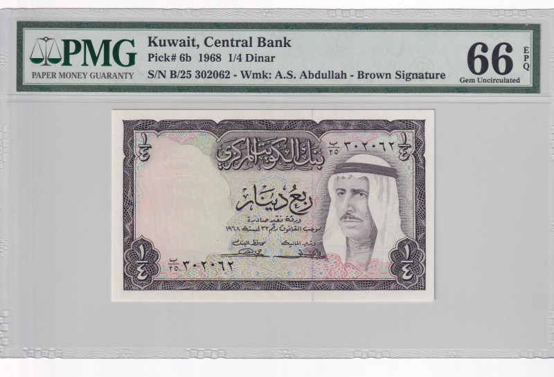 Kuwait, 1/4 Dinar, 1968, UNC, p6b
PMG 66 EPQ
Serial Number: B/25 302062
Estim...