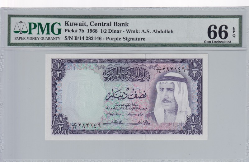 Kuwait, 1/2 Dinar, 1968, UNC, p7b
PMG 66 EPQ
Serial Number: B/14 282146
Estim...