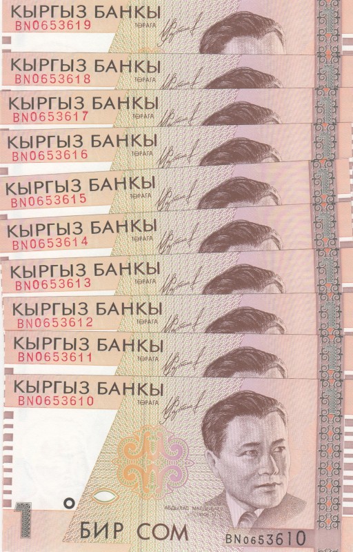 Kyrgyzstan, 1 Som, 1999, UNC, p154, (Total 10 consecutive banknotes)
Estimate: ...