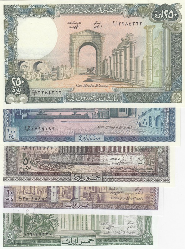 Lebanon, 5-10-50-100-250 Lİvres, 1986/1988, UNC, (Total 5 banknotes)
5 Livres, ...