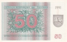Lithuania, 50 Talonas, 1991, UNC, p37
Serial Number: AF 527505
Estimate: 30-60