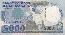 Madagascar, 5.000 Francs=1.000 Ariary, 1988/1994, VF, p73b
Serial Number: CD6174000
Estimate: 15-30