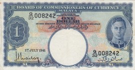 Malaya, 1 Dollar, 1941, XF, p11
Serial Number: Q/32 008242
Estimate: 75-150