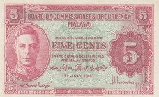 Malaya, 5 Cents, 1941, AUNC(+), p7a
King George portrait
Estimate: 25-50