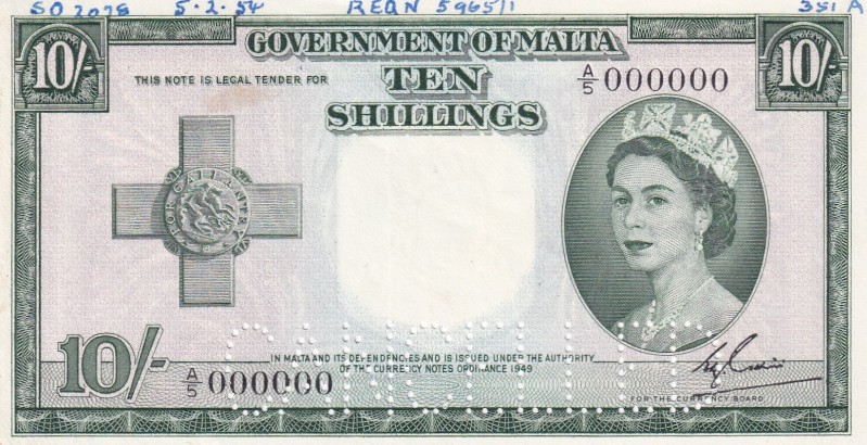 Malta, 10 Shillings, 1954, UNC, p23as, CANCELLED
Queen Elizabeth II. Potrait
S...