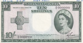 Malta, 10 Shillings, 1954, UNC, p23as, CANCELLED
Queen Elizabeth II. Potrait
Serial Number: A/5 000000
Estimate: 750-1500