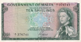 Malta, 10 Shillings, 1963, XF, p25a
Queen Elizabeth II. Potrait
Serial Number: A/1 376741
Estimate: 150-300