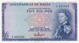 Malta, 5 Pounds, 1961, AUNC, p27a
Queen Elizabeth II. Potrait
Serial Number: A/4 431828
Estimate: 900-1800