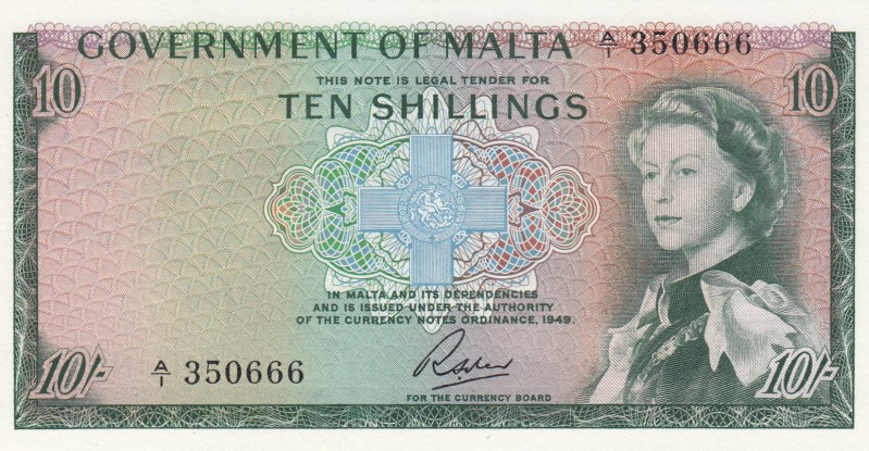 Malta, 10 Shillings, 1963, UNC(-), p25a
Queen Elizabeth II. Potrait
Serial Num...