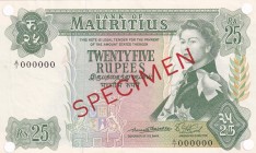 Mauritius, 25 Rupees, 1967, UNC, p32as, SPECIMEN
Queen Elizabeth II. Potrait
Serial Number: 000000
Estimate: 450-900