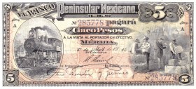 Mexico, 5 Pesos, 1914, UNC, pS465a
Banco Peninsular Mexicano
Serial Number: 285778
Estimate: 60-120