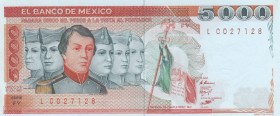 Mexico, 5.000 Pesos, 1985, UNC, p87
There is a very small fracture in the upper left corner
Serial Number: LC027128
Estimate: 10-20