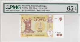 Moldova, 1 Leu, 2006, UNC, p8g
PMG 65 EPQ
Serial Number: A.0134 900923
Estimate: 20-40