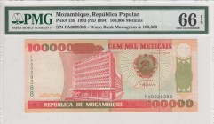 Mozambique, 100.000 Meticais, 1993, UNC, p139
PMG 66 EPQ
Serial Number: FA0029388
Estimate: 20-40