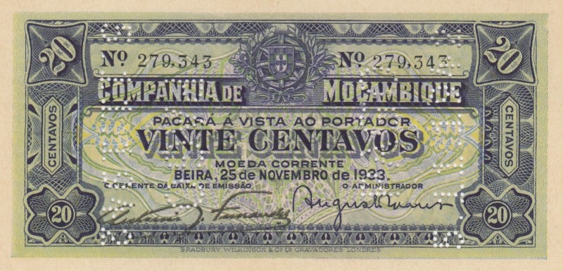 Mozambique, 20 Centavos, 1933, UNC, pR29
Perforated
Serial Number: 279343
Est...