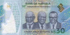 Namibia, 30 Namibia Dollars, 2020, UNC, pNew
Commemorative banknote, polymer
Serial Number: A0624857
Estimate: 10-20