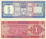 Netherlands Antilles, 1-5 Gulden, (Total 2 banknotes)
1 Gulden, 1970, UNC(-), p20; 5 Gulden, 1984, UNC, p15
Serial Number: D0793673, 0030598497
Est...