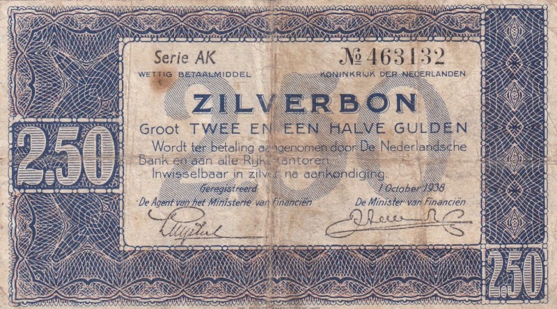 Netherlands, 2 1/2 Gulden, 1938, FINE, p62
Serial Number: AK 463132
Estimate: ...