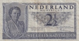 Netherlands, 2 1/2 Gulden, 1949, VF, p73
Portrait Queen Wilhelmina
Serial Number: 4JQ056734
Estimate: 25-50
