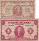 Netherlands, 1 Gulden, 1943/1945, FINE, p64a; p70, (Total 2 banknotes)
Portrait Queen Wilhelmina
Serial Number: FF996397, 1AS839047
Estimate: 10-20