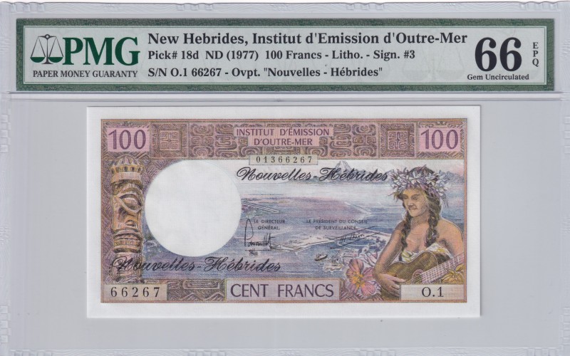 New Hebrides, 100 Francs, 1977, UNC, p18d
PMG 66 EPQ
Serial Number: O.1 66267...