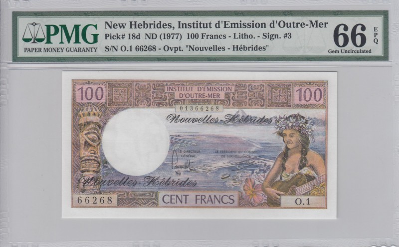 New Hebrides, 100 Francs, 1977, UNC, p18d
PMG 66 EPQ
Serial Number: O.1 66268...