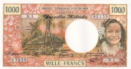 New Hebrides, 1000 Francs, 1979, UNC, p20
Serial Number: N.1 93359
Estimate: 50-100