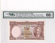 New Zealand, 10 Shilings, 1960-67, UNC, p158d
PMG 66 EPQ
Serial Number: 6E 084636
Estimate: 150-300