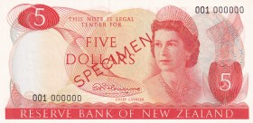 New Zealand, 5 Dollars, 1967, UNC, p165as, SPECIMEN
Queen Elizabeth II. Potrait
Serial Number: 001 000000
Estimate: 450-900