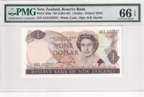 New Zealand, 1 Dollar, 1981/1985, UNC, p169a
PMG 66 EPQ . Queen Elizabeth II portrait
Serial Number: AGS122357
Estimate: 30-60