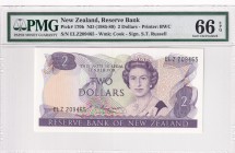 New Zealand, 2 Dollars, 1985/1989, UNC, p170b
PMG 66 EPQ . Queen Elizabeth II portrait
Serial Number: ELZ209465
Estimate: 30-60